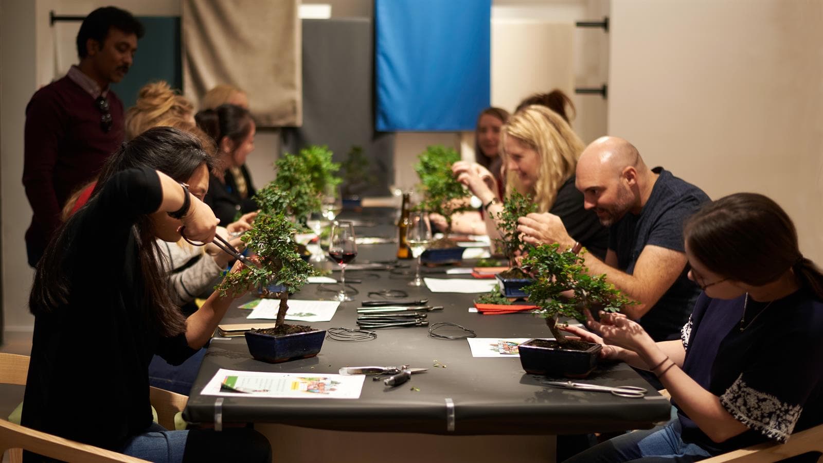 Group of students working on bonsai trees in a workshop